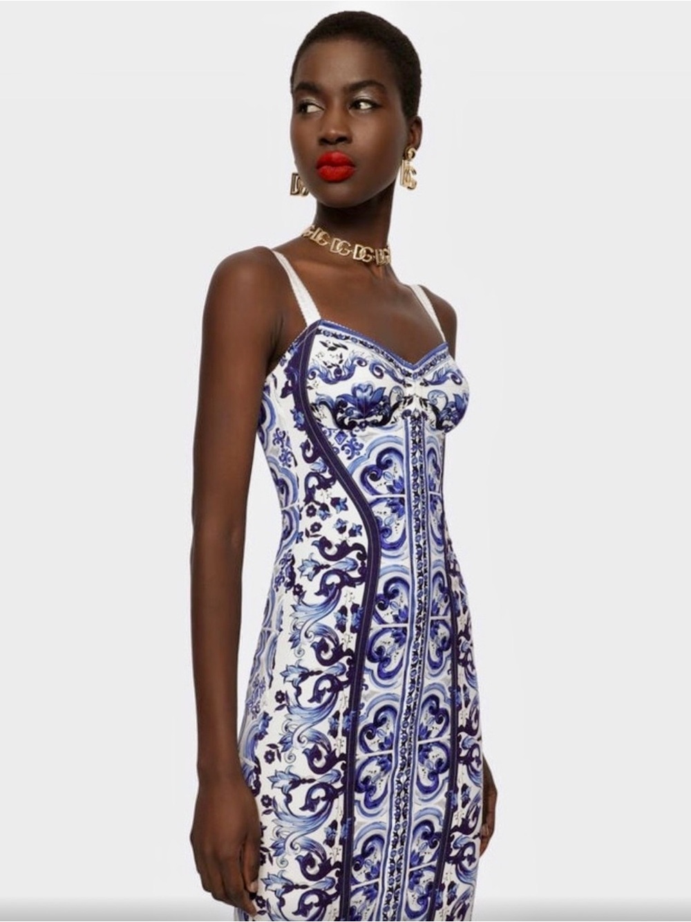 Dolce & Gabbana White and Blue Printed Corset Dress